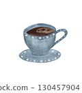 A watercolor illustration of a dusty blue coffee cup and saucer set, filled with steaming black coffee, on a white background. The elegant design and soothing colors evoke warmth and comfort, ideal 130457904