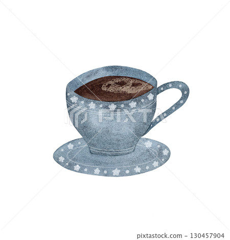 A watercolor illustration of a dusty blue coffee cup and saucer set, filled with steaming black coffee, on a white background. The elegant design and soothing colors evoke warmth and comfort, ideal A watercolor illustration of a dusty blue coffee cup and saucer set, filled with steaming black coffee, on a white background. The elegant design and soothing colors evoke warmth and comfort, ideal 130457904