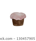 A watercolor illustration of a delicious chocolate cupcake topped with a swirl of pink cream. The rich chocolate base and vibrant pink cream create an inviting, sweet treat. Perfect for bakery 130457905
