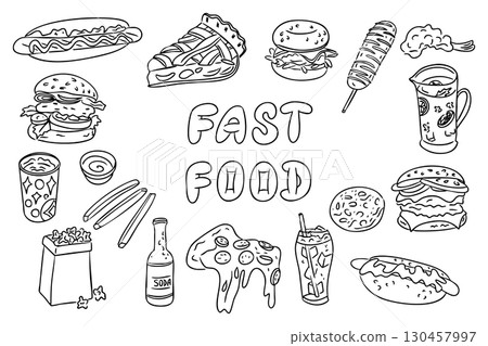 Hand drawn set of fast food items including burgers, pizza, drinks and snacks with playful lettering in the center 130457997