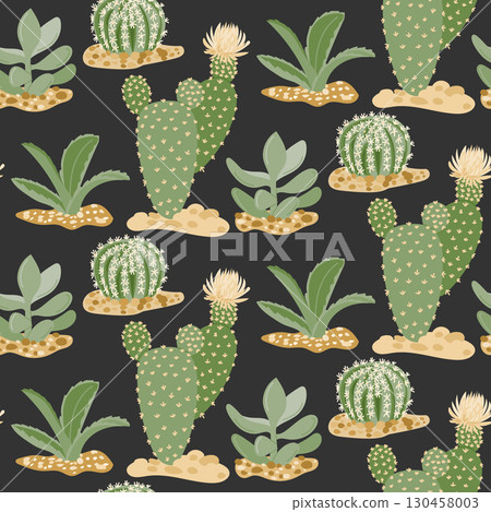 Hand drawn seamless pattern with cacti and succulents on dark background Hand drawn seamless pattern with cacti and succulents on dark background 130458003