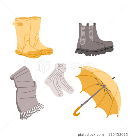 Set of autumn accessories including boots, socks, scarf, and umbrella in soft colors 130458015