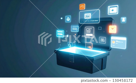 Modern digital technology concept featu futuristic holographic icons for internet cloud storage data transfer online communication and digital networking Modern digital technology concept featu futuristic holographic icons for internet cloud storage data transfer online communication and digital networking 130458172