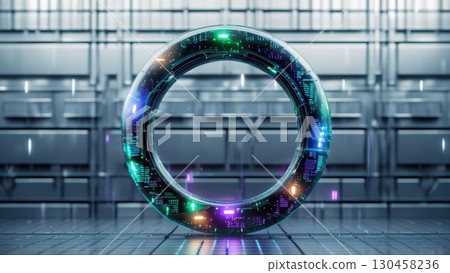 Futuristic illuminated circular portal with glowing lights and digital effects in a high-tech modern environment for sci-fi concept design 130458236