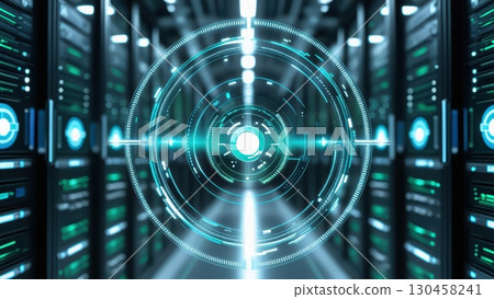 Futuristic digital interface with holographic ing circle and high-tech server room background in a science fiction inspired style Futuristic digital interface with holographic ing circle and high-tech server room background in a science fiction inspired style 130458241