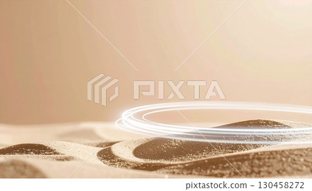 Minimalist abstract landscape with gentle sand dunes and glowing circular light trails creating a serene atmosphere and a sense of calm and tranquility 130458272