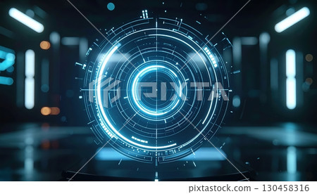 Futuristic Digital Interface with glowing blue circular HUD display in dark high-tech environment with holographic elements and immersive technological atmosphere 130458316