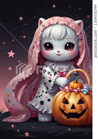 Cute Cartoon Kitten with Pumpkin for Halloween Cute Cartoon Kitten with Pumpkin for Halloween 130458344