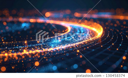 Vibrant glowing digital light trail swirl with bright particles and abstract futuristic data stream representing technology innovation and digital transformation 130458374