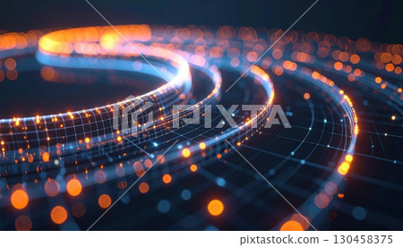 Vibrant abstract digital light trails with glowing sparks and futuristic glowing grid lines creating dynamic motion and energetic visual effects for technology themes 130458375