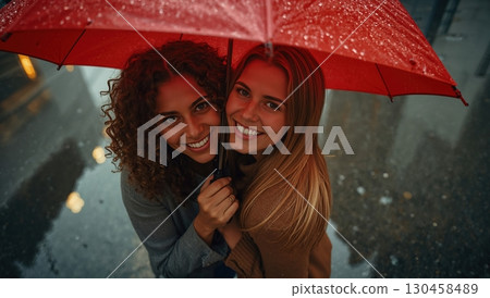 Two friends share warm smiles beneath vibrant red umbrella in rainy city 130458489