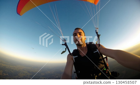 Solo paraglider gliding across clear sky with sunlight warming serene horizon 130458507
