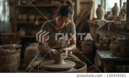 Potter shapes spinning clay bowl in warm sunlit workshop filled with ceramics 130458561
