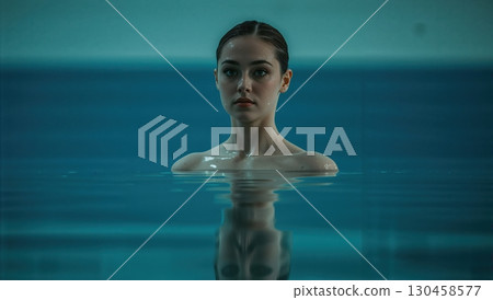 Serene synchronized swimmer stands gracefully by poolside in minimalist aquatic scene 130458577