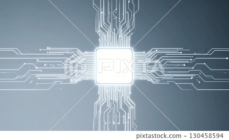 An abstract depiction of a central processing unit glows brightly with interconnected pathways representing advanced technology and digital innovation on gray background. 130458594