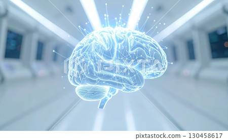 Futuristic glowing brain hologram with connected dots in a clean white corridor represents ligence, artificial ligence, and neurological research. 130458617