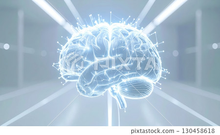 Holographic blue brain visualization with connecting lines and nodes representing neural networks, cognition, technology and future innovation concepts displayed. 130458618