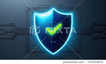 Glowing shield with a checkmark symbolizes security, protection, and trust on a circuit board background, representing digital safety and reliable systems now. Glowing shield with a checkmark symbolizes security, protection, and trust on a circuit board background, representing digital safety and reliable systems now. 130458651