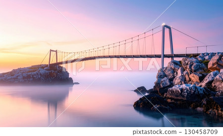 Scenic long suspension bridge spanning calm water at sunset with vibrant sky and rocky shoreline for picturesque travel destination and enginee marvel Scenic long suspension bridge spanning calm water at sunset with vibrant sky and rocky shoreline for picturesque travel destination and enginee marvel 130458709
