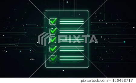 Futuristic digital checklist displayed on transparent holographic screen with glowing green checkmarks and lines, technological interface for task management 130458717