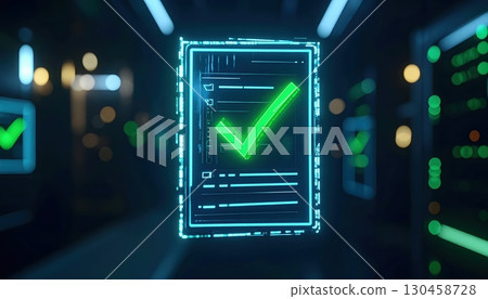 futuristic digital security verification concept with glowing checkmark on AI technology interface in a high tech environment 130458728