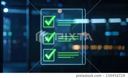 Digital checklist interface with illuminated checkmarks on transparent screen in dark modern office background for productivity organization and task management 130458729
