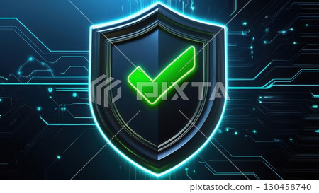 Modern digital security shield with glowing checkmark symbol representing protection safety cybersecurity and data protection technology 130458740