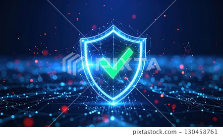 Digital Security Shield with Checkmark Icon Representing Data Protection Cybersecurity and Safe Online Transaction Concepts in Bright Blue Neon Style 130458761