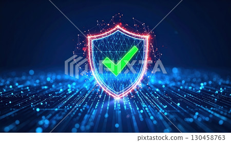 Digital security shield with glowing check mark symbol representing cybersecurity protection and online safety in a futuristic technology environment 130458763