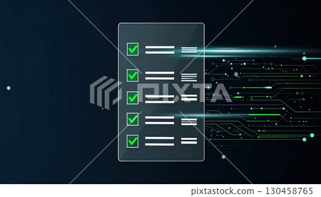 Modern digital document checklist with checkmarks and glowing circuit lines on dark background illustrating technology and data management concepts 130458765
