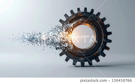 High detail close-up of a mechanical gear with particles dispersing from the left side, glowing light reflecting inside, symbolizing machinery, enginee, and innovation 130458766