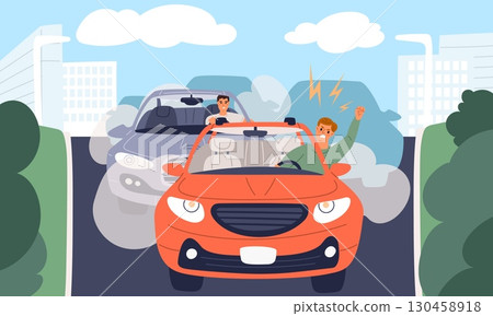 Angry male driver behaves aggressively in car stuck in traffic jam. People conflict. Abuse shouts from automobiles. City transportation. Transport congestion at street. Vector concept Angry male driver behaves aggressively in car stuck in traffic jam. People conflict. Abuse shouts from automobiles. City transportation. Transport congestion at street. Vector concept 130458918