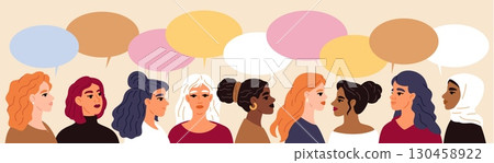 Beautiful multicultural women with speech bubbles. People multiethnic communication. Global connection. Female community discussion. Multilingual speakers group. Vector horizontal poster 130458922