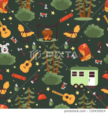 Camping or vacationing in woods. Campsite seamless pattern. Campground tent with campfire. Repeated print. Flashlight and backpack for hiking travel. Tourists axe. Vector background 130458924