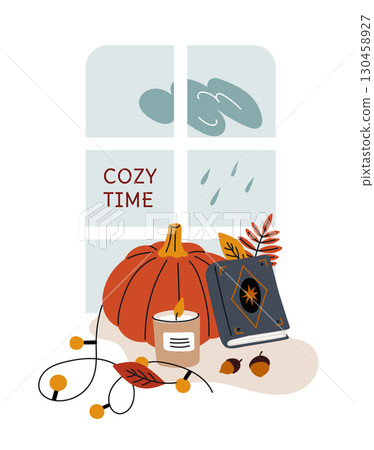 Cozy autumn card. Relax at windowsill. Rainy weather. Fall season rest. Orange tree leaves and pumpkin. Admire rainfall outside window. Garland lamps or candle. Vector autumnal poster 130458927