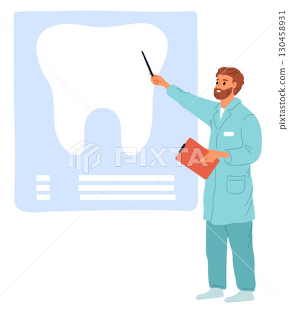 Dentist in robe talks about structure of human tooth. Doctors recommendation for dental health care. Man showing at molar banner with pointer. Oral hygiene teaching. Vector concept Dentist in robe talks about structure of human tooth. Doctors recommendation for dental health care. Man showing at molar banner with pointer. Oral hygiene teaching. Vector concept 130458931
