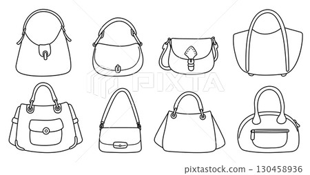 Fashionable women bags. Trendy accessories. Modern shopper. Casual crossbody. Line pouch. Outline elegant female clothing. Vector set of linear silhouettes isolated on white background 130458936