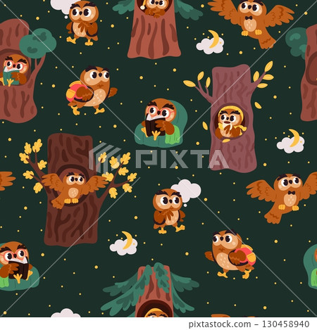 Fun cartoon owl character. Forest wild animals seamless pattern. Owlet walking or reading book. Repeated print. Bird sitting in tree hole. Birdie thinking in oak nest. Vector background Fun cartoon owl character. Forest wild animals seamless pattern. Owlet walking or reading book. Repeated print. Bird sitting in tree hole. Birdie thinking in oak nest. Vector background 130458940