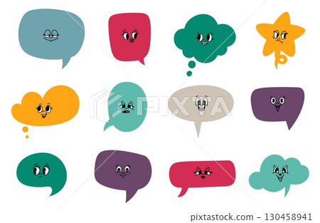 Fun cartoon speech bubbles with funny faces. Cute emoji. Emotion expression. Happy or upset emoticons. Dialogue chat. Communication balloon color shapes. Vector set of colorful icons Fun cartoon speech bubbles with funny faces. Cute emoji. Emotion expression. Happy or upset emoticons. Dialogue chat. Communication balloon color shapes. Vector set of colorful icons 130458941