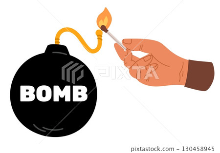 Hand with burning match ignites wick of round bomb. Dynamite explosion. TNT detonation. Fuse rope. Bomber arm. Terrorist military attack. Vector concept of dangerous explosive situation 130458945