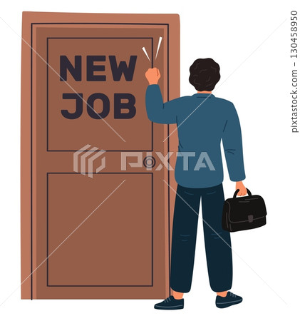 Man knocks on door labeled new job. Place of employment. Interview with candidates. Worker recruitment. Hiring challenge. Young recruit standing back at closed doorway. Vector concept Man knocks on door labeled new job. Place of employment. Interview with candidates. Worker recruitment. Hiring challenge. Young recruit standing back at closed doorway. Vector concept 130458950