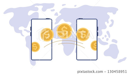 Money transfer online with mobile application. Finance worldwide transaction. Financial payment. Dollar coins exchange. Global business connection. Electronic commerce. Vector concept 130458951