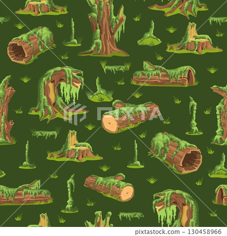 Old fallen trees in swamp overgrown with moss and lichen. Natural mossy branches seamless pattern. Jungle landscape. Repeated print. Wood log with oakmoss. Morass plant. Vector background Old fallen trees in swamp overgrown with moss and lichen. Natural mossy branches seamless pattern. Jungle landscape. Repeated print. Wood log with oakmoss. Morass plant. Vector background 130458966