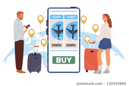 People buy airplane tickets online. Phone app to buy airline tickets. Big smartphone screen. Couple with baggage. Passenger arrival plane coupons. Global travel map. Vector concept 130458969