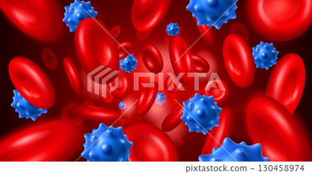 Realistic human blood bodies along with germs. Viruses or microorganisms move through circulatory system. Erythrocyte red molecules. Microscopic particles stream. Vector background 130458974