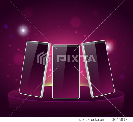 Realistic mockup of cell phone in different angles on pedestal. Bokeh light. Smartphone advertising. Blank screen. Mobile gadget show at podium. Vector 3D device presentation background 130458981