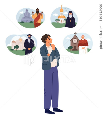 Young boy chooses religion. Pensive man ponders world religious worships. Guy thinking about Christianity and Judaism, Buddhism or Catholicism. Choice dilemma. Prayer doubts. Vector concept Young boy chooses religion. Pensive man ponders world religious worships. Guy thinking about Christianity and Judaism, Buddhism or Catholicism. Choice dilemma. Prayer doubts. Vector concept 130458990
