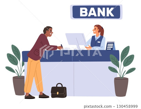 Young businessman communicates with bank clerk. Man using banking services. Financial consulting. Finance office. Reception desk. Receptionist counter. Money operator. Vector concept Young businessman communicates with bank clerk. Man using banking services. Financial consulting. Finance office. Reception desk. Receptionist counter. Money operator. Vector concept 130458999