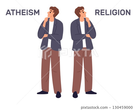 Young man stands pensively looking at words atheism and religion. God faith. Thoughtful guy making choice about belief. Decide dilemma. Alternative spiritual choose. Vector concept 130459000