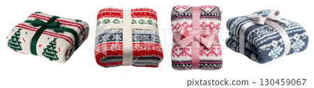 Set of knitted scarf and blanket with ribbon for gift and present theme, isolated on transparent background. Christmas seasonal pattern. 130459067